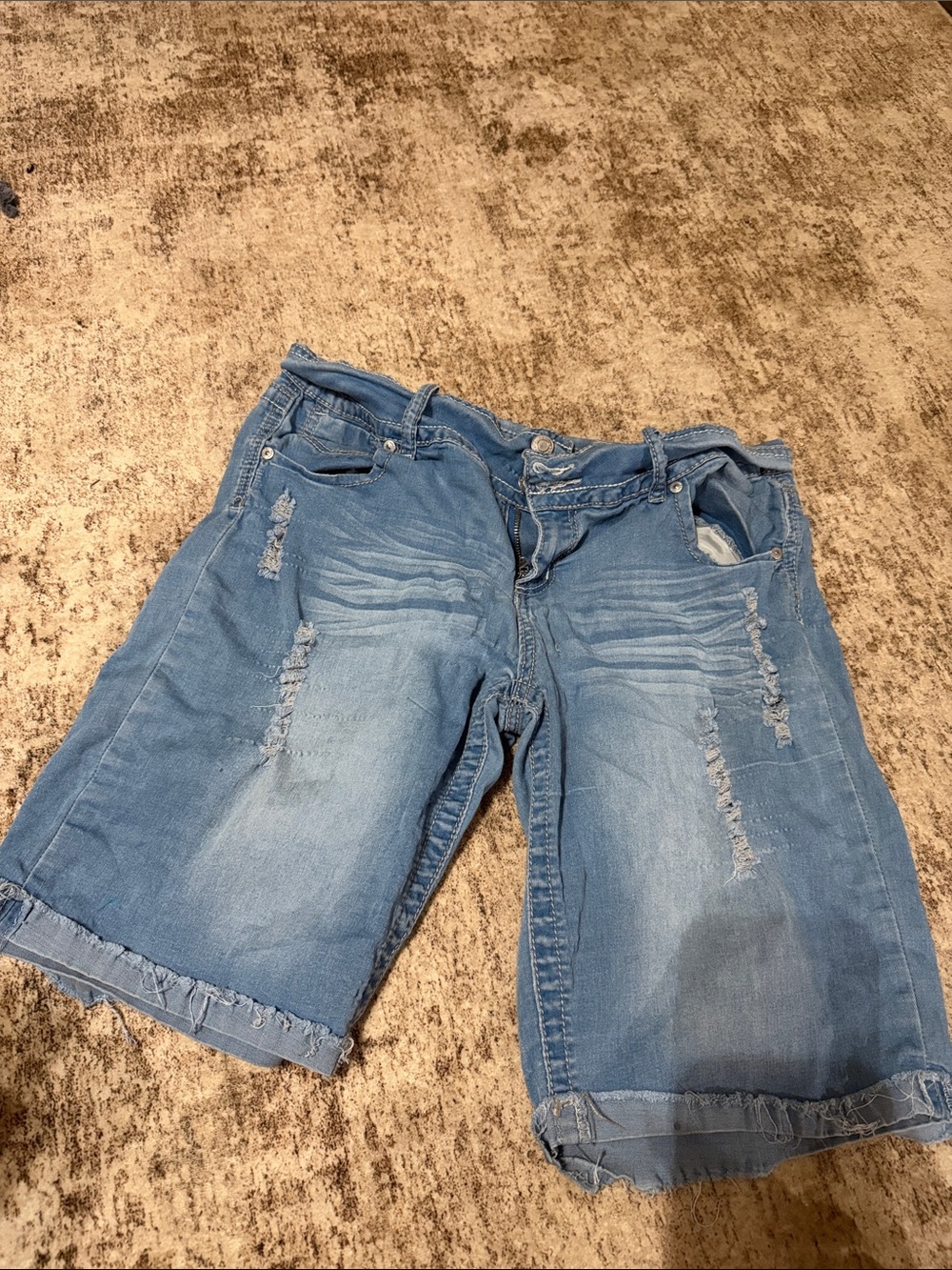Rue21 Light Blue Distressed Denim Bermuda Shorts with Frayed Hem